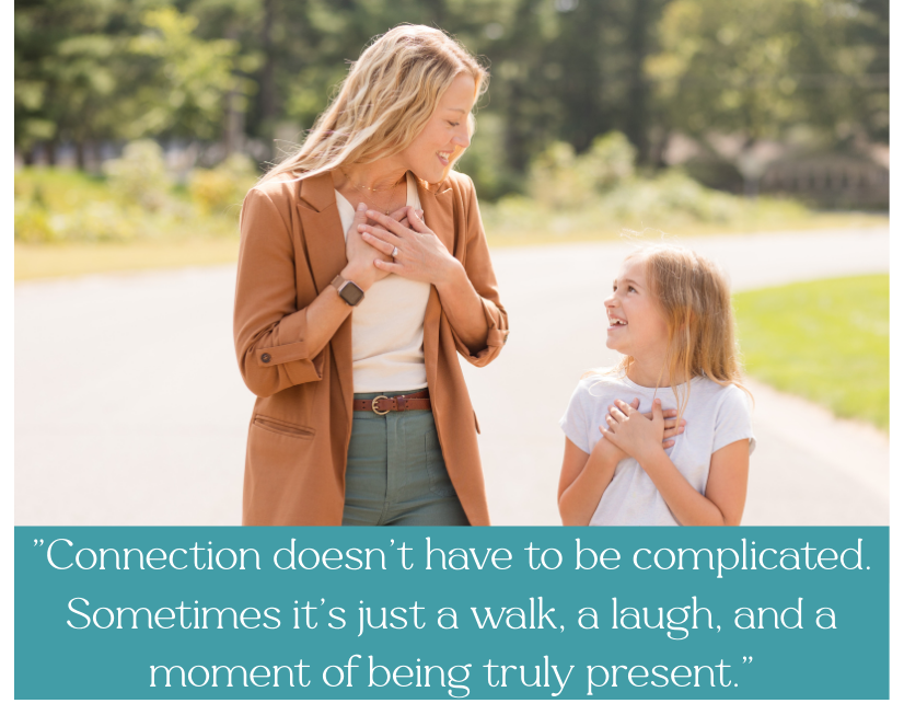 mother and daughter looking at each other smiling and making eye contact with hands on their hearts, feeling connection.